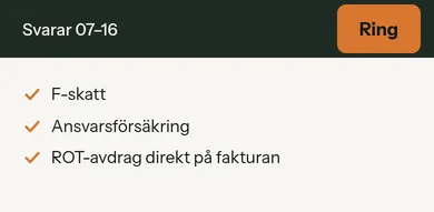 Detalj ur exemplet i mobil: ringraden Svarar 07–16 med knappen Ring, och raden F-skatt, ansvarsförsäkring och ROT-avdrag direkt på fakturan.