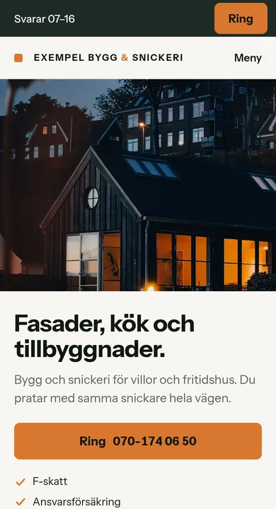 Samma påhittade firma med ny sida i mobil: rubrik, ringknapp och tre tjänster.