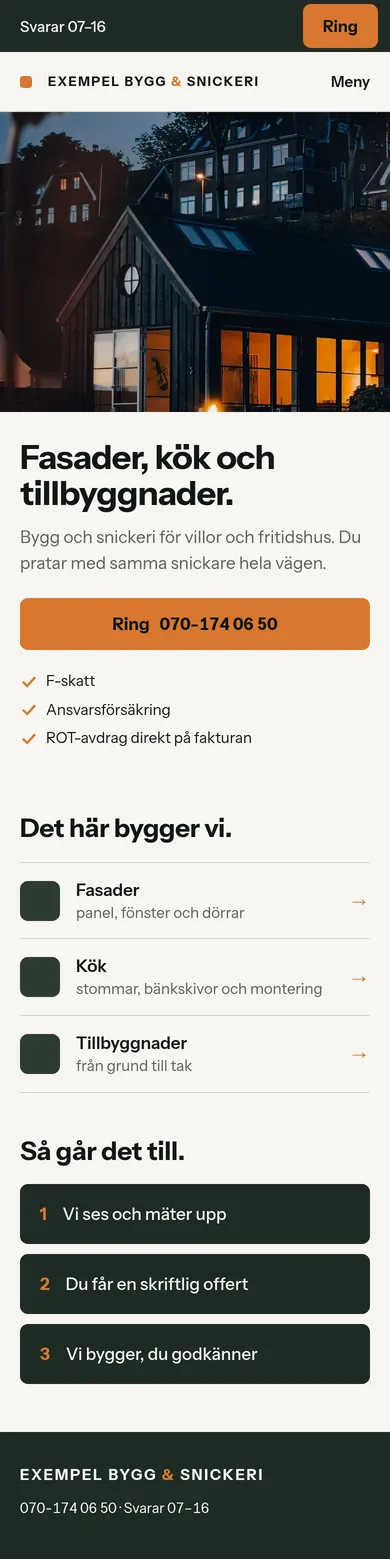 Exempel på förslag i mobil för Exempel Bygg & Snickeri, en påhittad firma.
